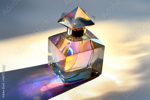 Colorful iridescent perfume bottle on a light background.