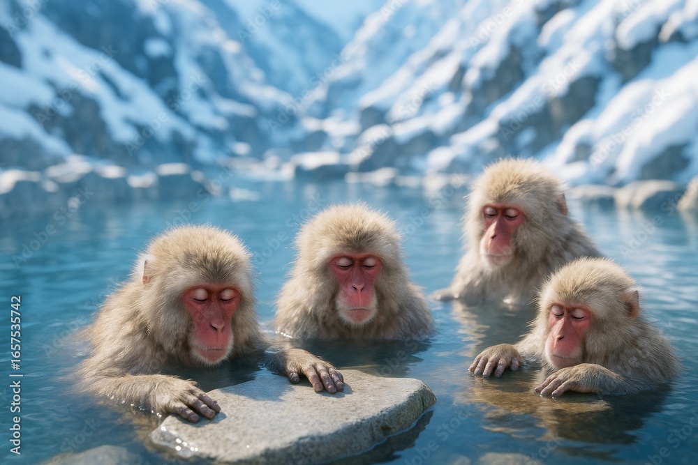 Naklejka premium Snow monkeys relaxing in a hot spring surrounded by snowy mountains in peaceful winter landscape, calm and serene moment captured in nature. Ai generative