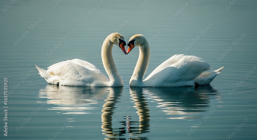 Fototapeta premium Two elegant swans forming a heart shape with their necks on a tranquil lake at dawn
