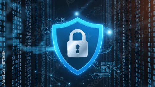 Secure your digital world with this dynamic shield and padlock, representing robust cybersecurity and data protection in a futuristic tech environment.