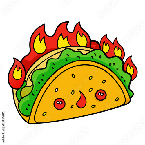 Spicy cartoon taco with flames, a fun and flavorful illustration perfect for food blogs, restaurants, and social media posts, ready to ignite your audience's appetite!