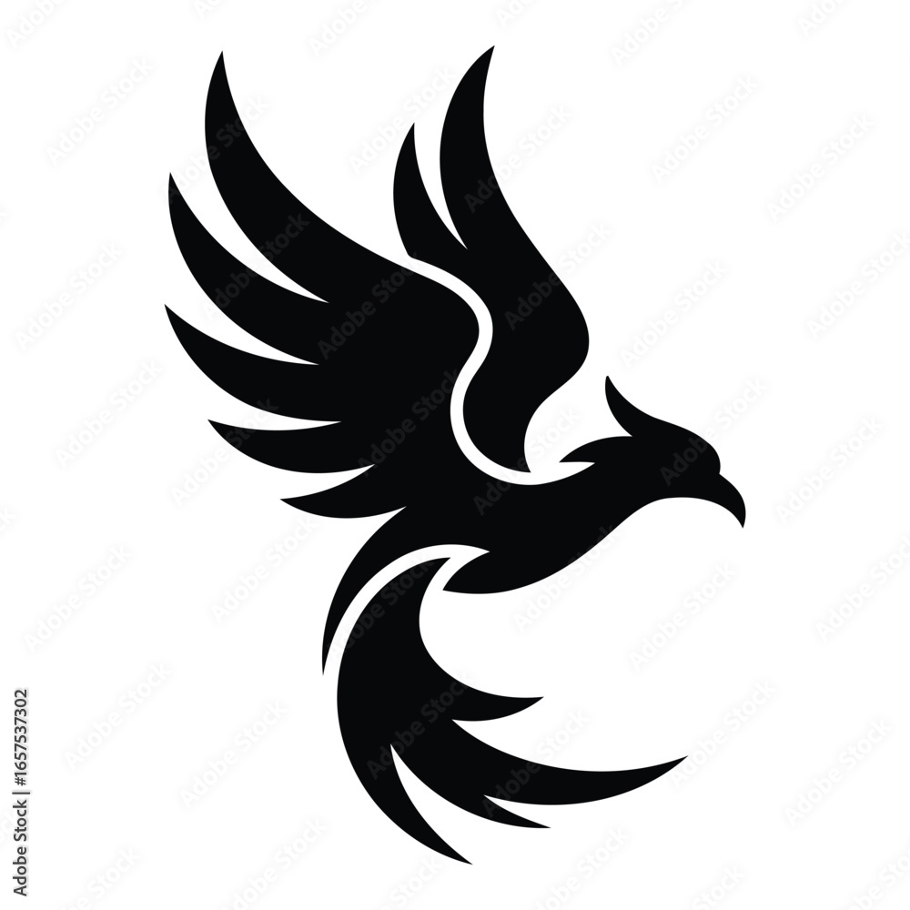 Fototapeta premium Black silhouette vector illustration of a flying phoenix bird