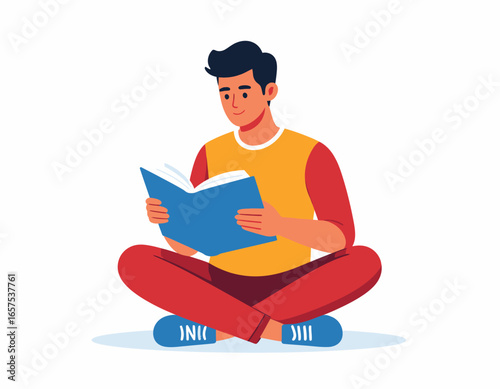 Young Man Sitting and Reading a Book.
