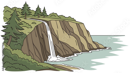 A beautiful cartoon illustration of a tall waterfall cascading down a rocky cliff into the ocean surrounded by green trees