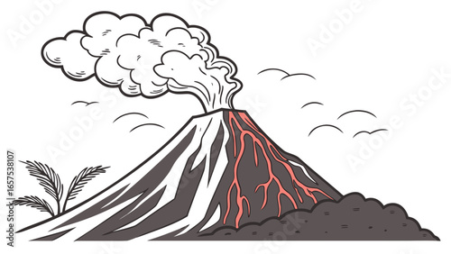 Cartoon illustration of a smoking volcano erupting with lava flowing down its sides and birds flying in the sky