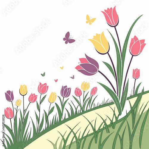 A vibrant illustration of a spring meadow filled with colorful tulips and fluttering butterflies against a white background