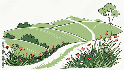 Charming hand drawn illustration of rolling green hills dotted with wildflowers and a winding path