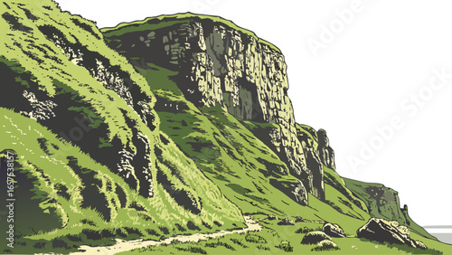 A winding dirt path leads through a lush green grassy hillside towards a dramatic sheer cliff face
