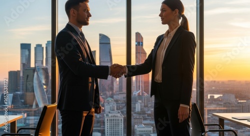 Sealing a Corporate Deal: Professional Handshake Against a Golden Sunset Cityscape