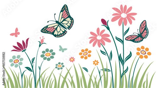 Charming illustration of colorful butterflies fluttering amongst a field of stylized wildflowers and green grass