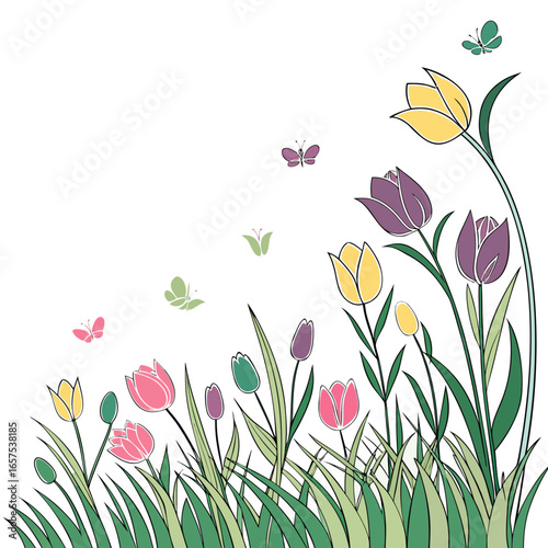 Charming illustration of colorful tulips and butterflies fluttering in a grassy meadow on a white background