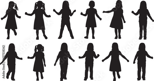 silhouettes of girls, Silhouette of children dancing, playing, or celebrating – captures youthful energy, movement, and innocence, ideal for designs needing a playful touch