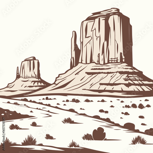Iconic monument valley mittens buttes in a stylized graphic illustration with a desert landscape