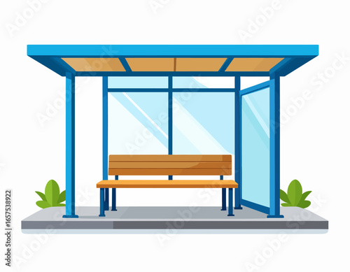 Modern Blue Bus Stop Shelter with Wooden Bench.