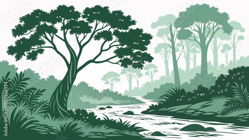 Serene jungle landscape with a winding river flowing through lush green foliage and towering trees