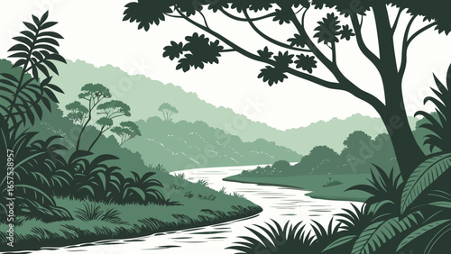 Serene jungle river winding through lush green hills and dense tropical foliage under a clear sky