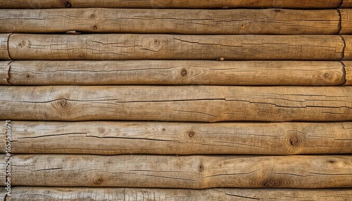 Rustic wood logs form a durable wall, exhibiting warmth and texture with visible knots and weathering