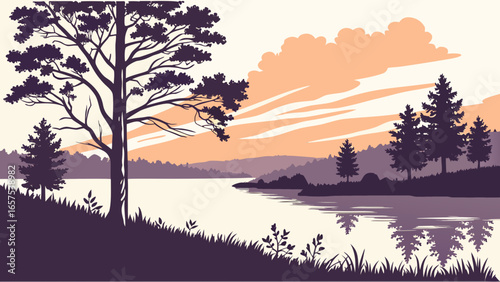 Serene lake landscape with silhouetted trees and rolling hills under a warm sunset sky with clouds