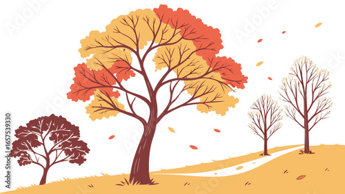 Stylized autumn landscape with colorful trees falling leaves and a winding path on a gentle hill