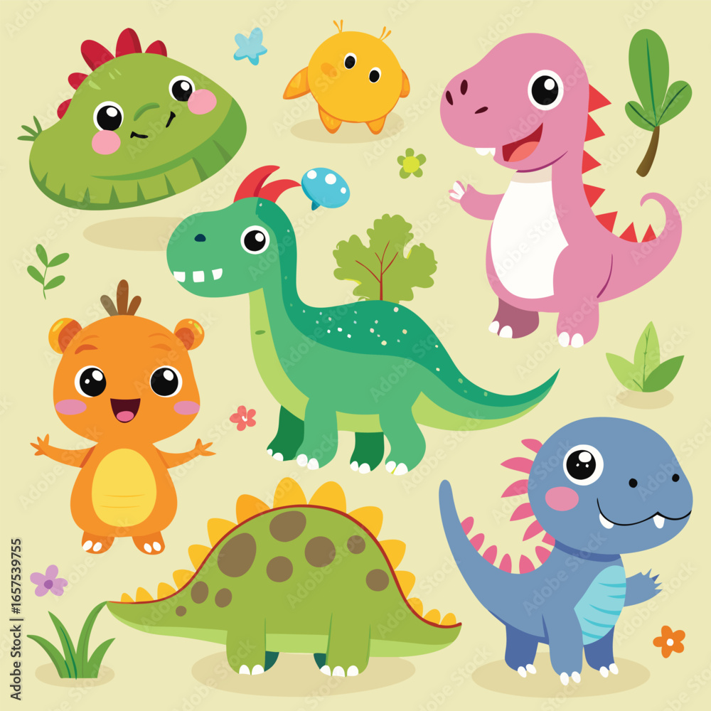 Obraz premium Cute Dinosaur Characters: A Collection of Adorable Prehistoric Pals for Kids