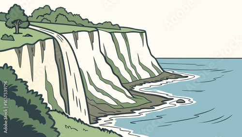 Stylized illustration of a dramatic coastal cliff face with a waterfall cascading into the blue ocean water