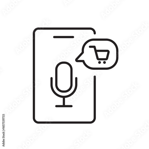 A vector icon of a user speaking to initiate a voice commerce transaction, created in line style with editable stroke