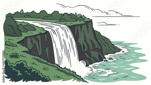 Stylized illustration of a powerful waterfall cascading over a lush green cliff into the turquoise ocean below