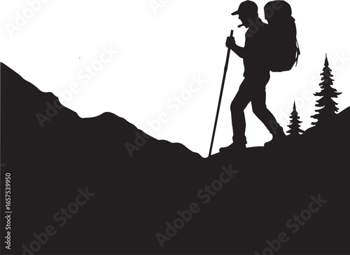 Hiker Backpack Silhouette Vector , Mountain Climbing Outdoor Adventure Illustration