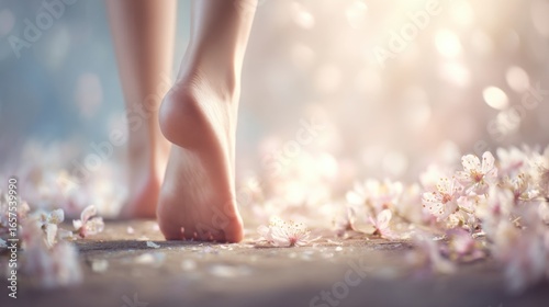 Close-up of a woman's bare feet walking on flower petals in soft sunlight during spring.