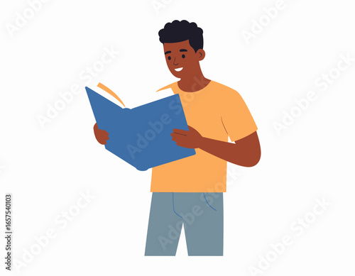 Smiling Young Man Reading a Blue Book.