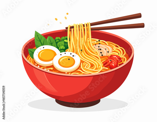 Delicious Ramen Noodles with Chopsticks and Egg.