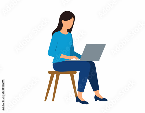 Woman Working on Laptop in Casual Attire.