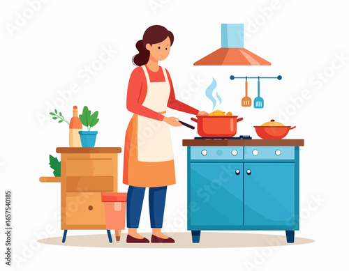 Woman Cooking in a Colorful Kitchen Setting.