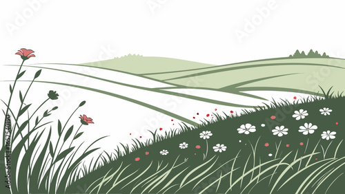 Stylized illustration of a rolling green landscape with wildflowers and tall grass in the foreground under a white sky