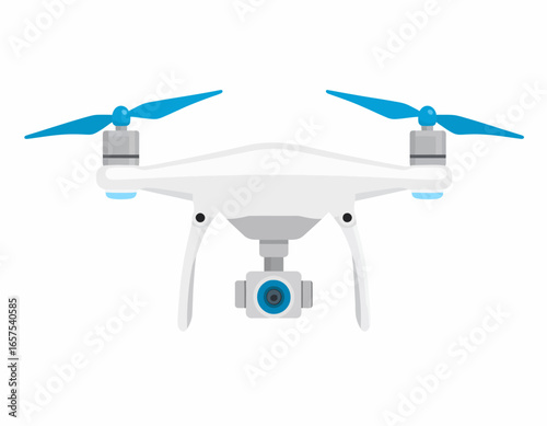 Modern White Drone with Blue Propellers and Camera.