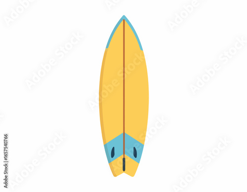Colorful Yellow Surfboard, Back View, with Teal Trim.