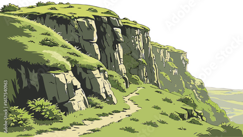 Stylized illustration of a winding dirt path leading up a grassy cliff face with layered rock formations and distant hills