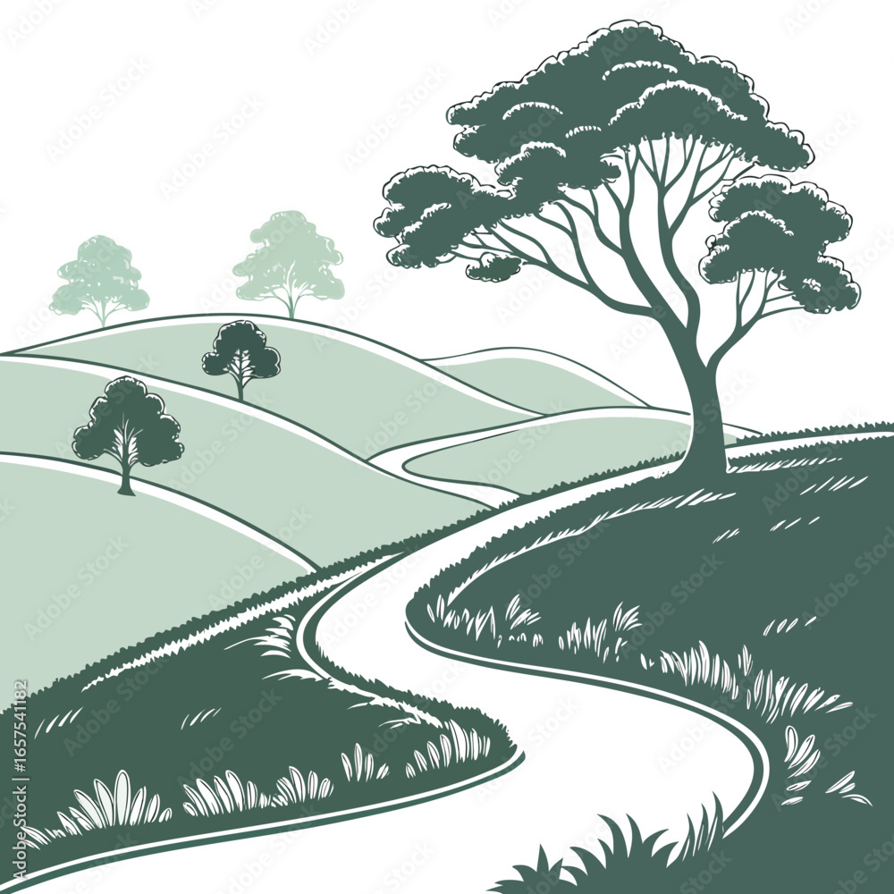 Fototapeta premium Stylized illustration of a winding road through rolling green hills with scattered trees under a bright sky