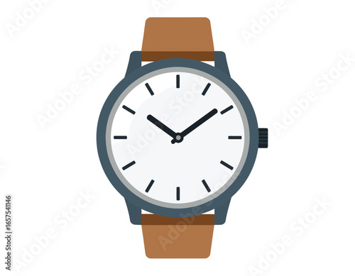 Simple Analog Wristwatch with Brown Leather Strap.