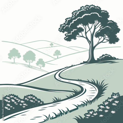Stylized illustration of a winding road through rolling hills with a large tree on a hilltop