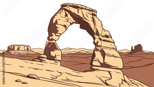 Stylized illustration of delicate arch in arches national park utah with desert landscape and mesas