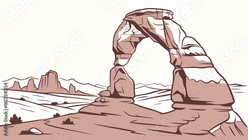 Stylized illustration of delicate arch in arches national park utah with distant mesas and desert landscape
