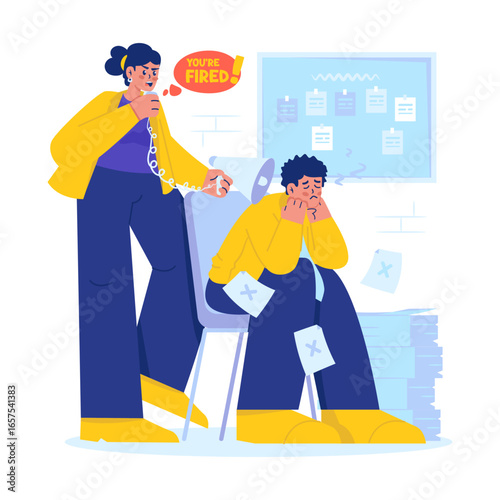Workplace scene of a tired employee facing intimidation from female boss vector illustration