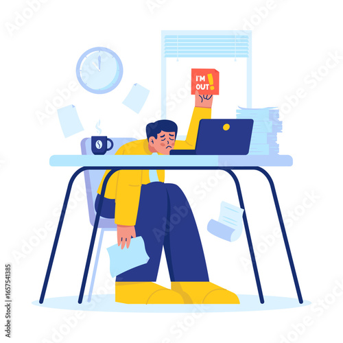 Overworked employee slouching at desk and struggling with heavy tasks vector illustration