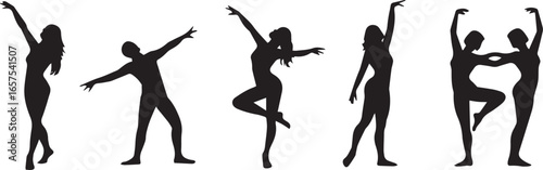 silhouette of a woman set, dance different poses set, yoga poses set