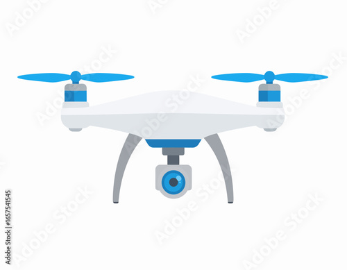 Modern White Drone with Blue Propellers and Camera.