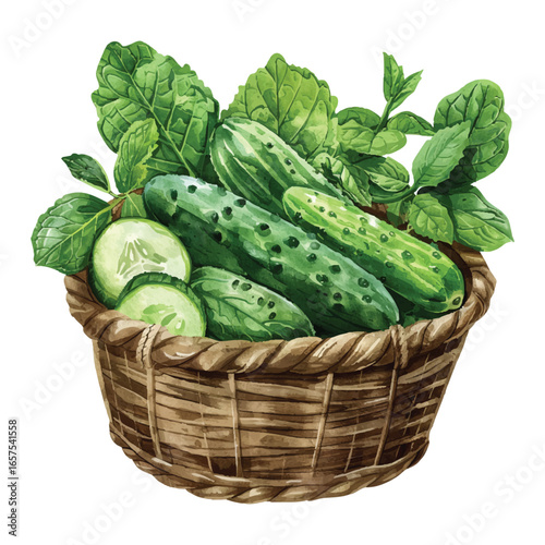 Basket of Cucumbers Vector: Fresh Green Vegetables and Herbs Watercolor Style Art