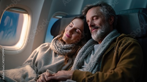 adult couple sits side by side in economy class plane