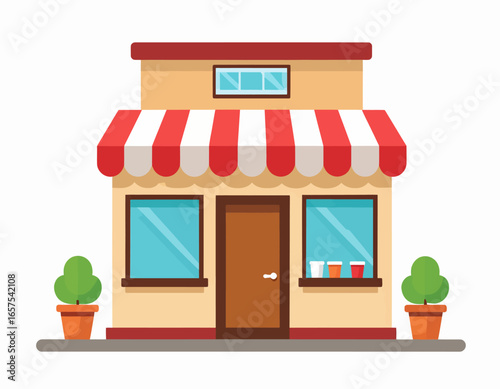 Cartoonish Two-Story Shop Building with Red and White Awning.