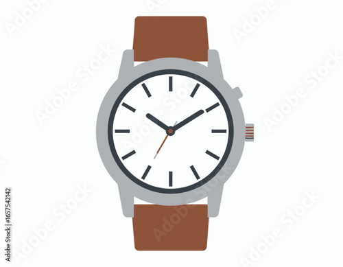 Stylish Silver-faced Wristwatch with Brown Leather Strap.